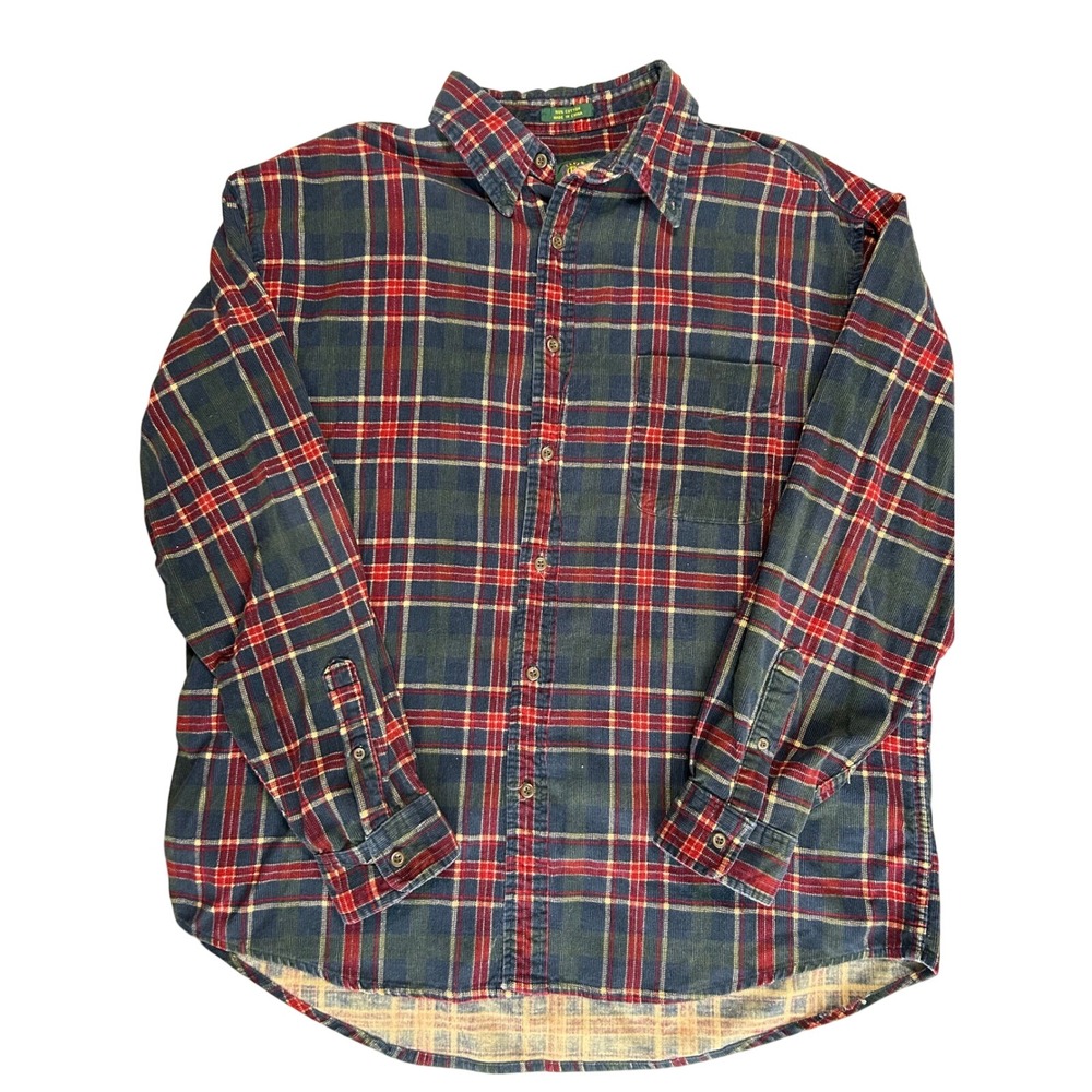 Club Room Plaid Corduroy Button Down Shirt Long Sleeve Blue Red Mens‎
